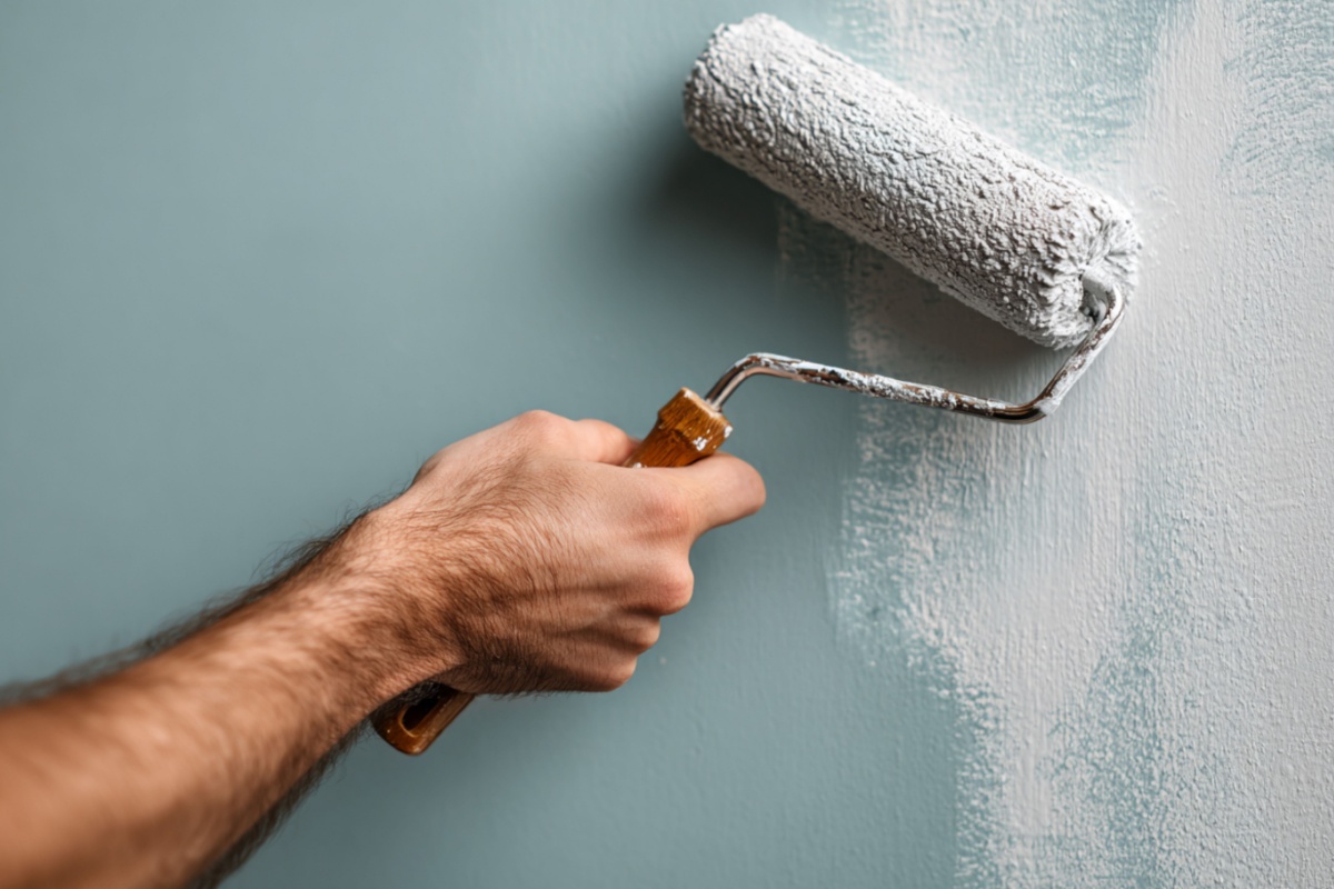 man's hand painting a wall light blue