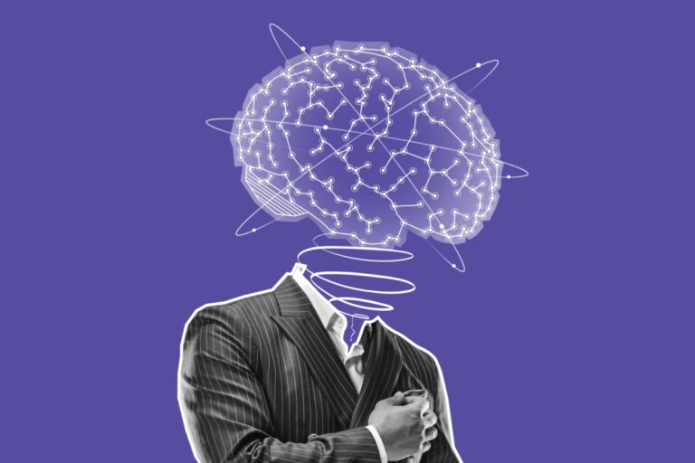 male body with brain like a cloud on a purple background