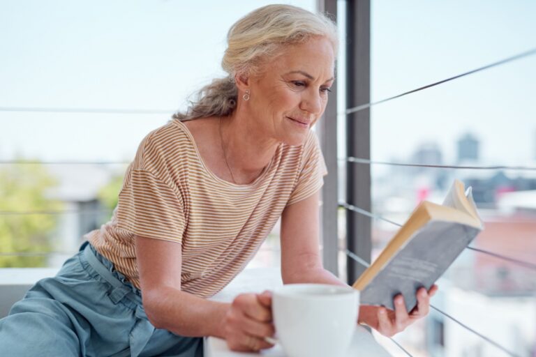 middleaged woman reading a book