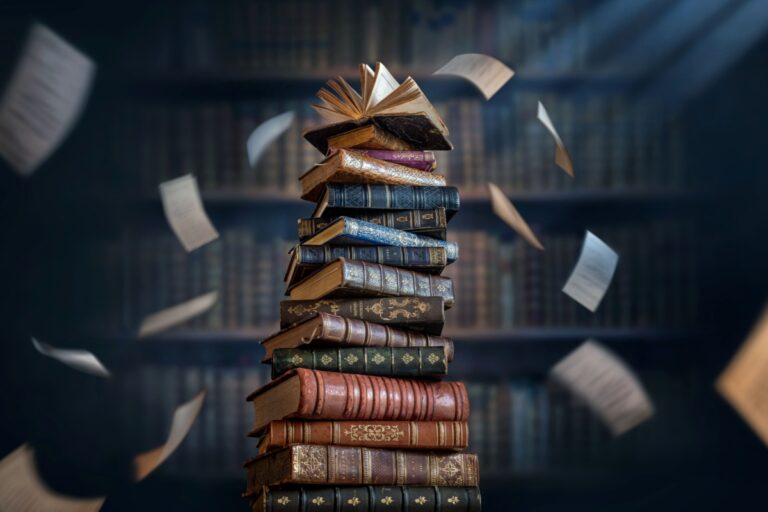 a stack of old books in a dark library