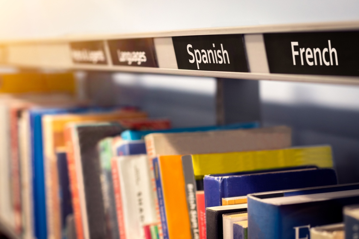bookshelf with books in Spanish and French