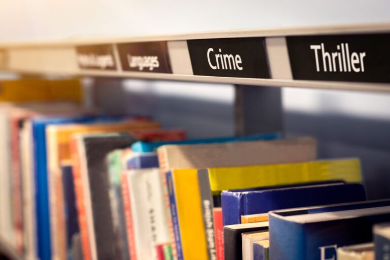 bookshelf with crime and thriller books
