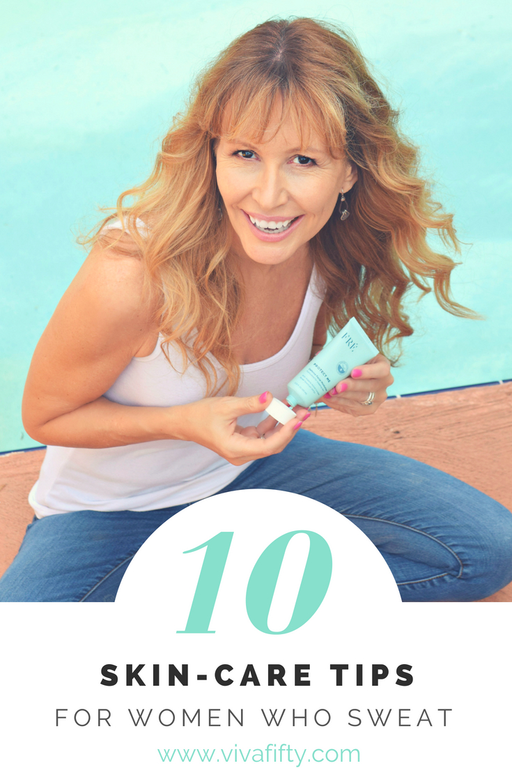 I work out every day and live in Florida. This means I sweat a lot. I have my tried and true system to take care of my skin. Check out these 10 tips. #skincare #midlife #active #beauty 