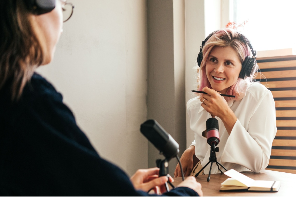two women in a podcast