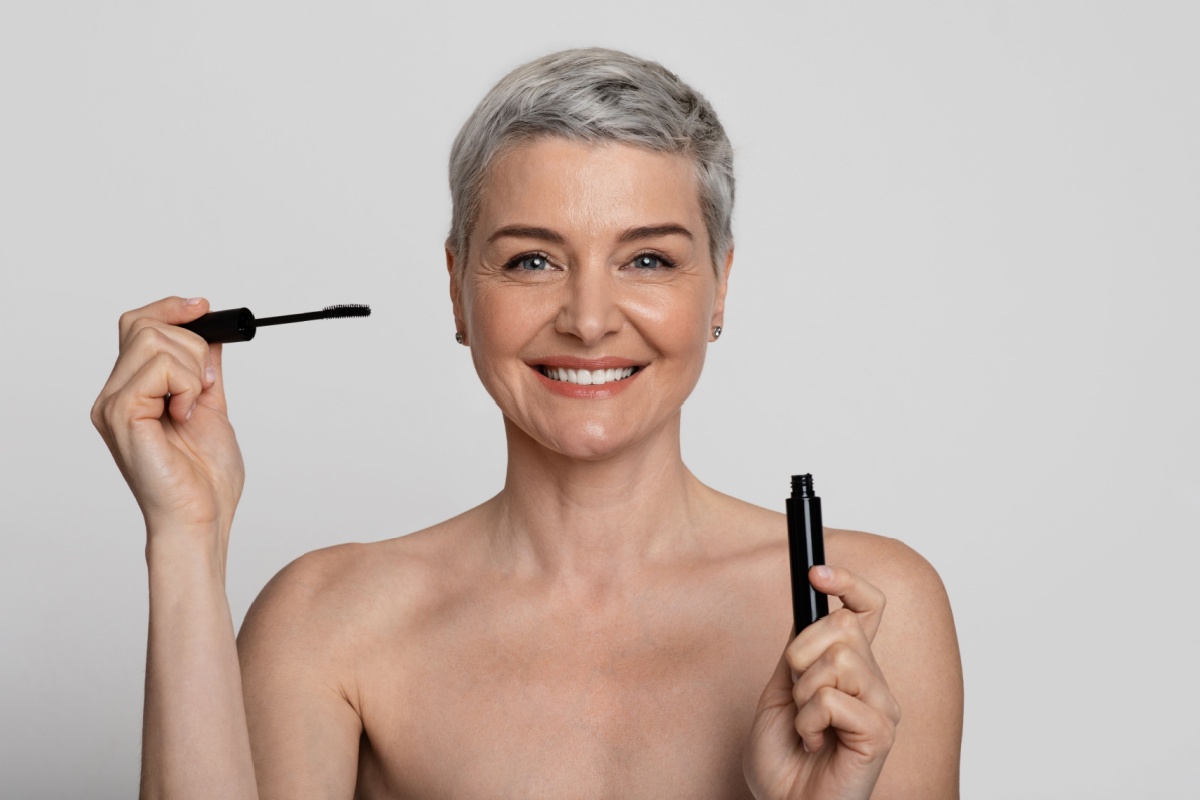 middled-aged woman with rimmel for eyelashes