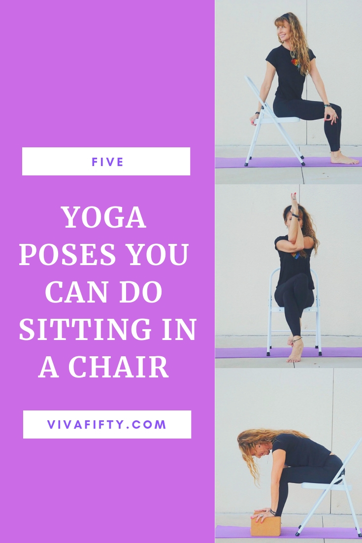 If you spend a lot of time sitting in a chair and just can´t get out of it, here are some yoga poses you can do without standing up from it. #yoga #chairyoga #officeyoga #senioryoga #gentleyoga