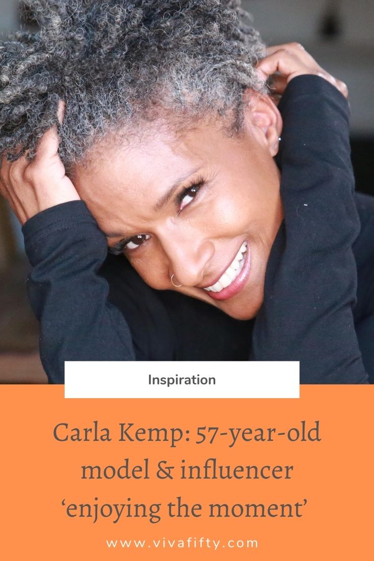 Carla Kemp was a model in her teens, took an extended break, and then came back to modeling in her 50s. She embraces her natural hair and owns her power.
