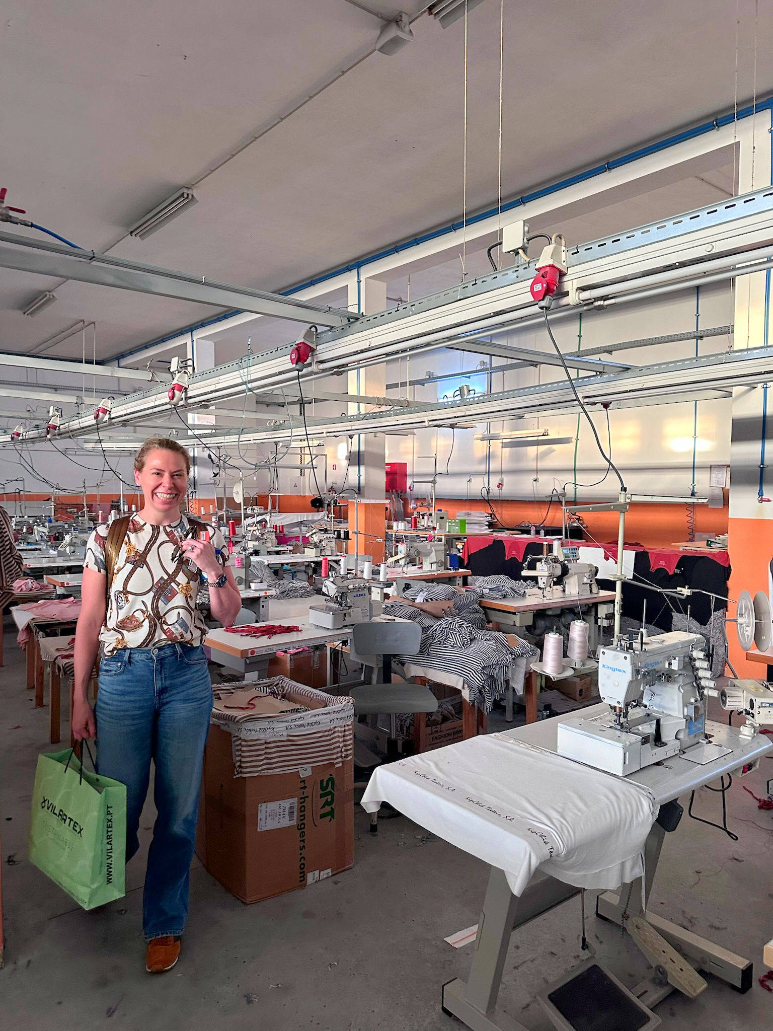 Katya Eckert in textile factory in Portugal